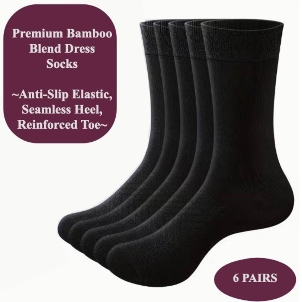 Bamboo Thin Dress Crew Socks XL Durable Moisture Wicking Black 6 PK NEW